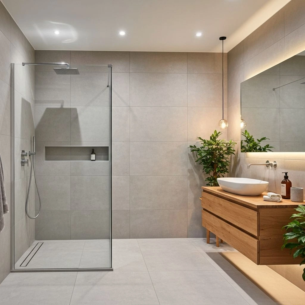 Modern duschlösning med regndusch och glasvägg i badrum i Sundsvall